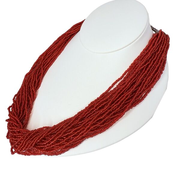 Red Seed Bead Layered Statement Necklace 21", Bold & Heavy Design - Picture 11 of 13